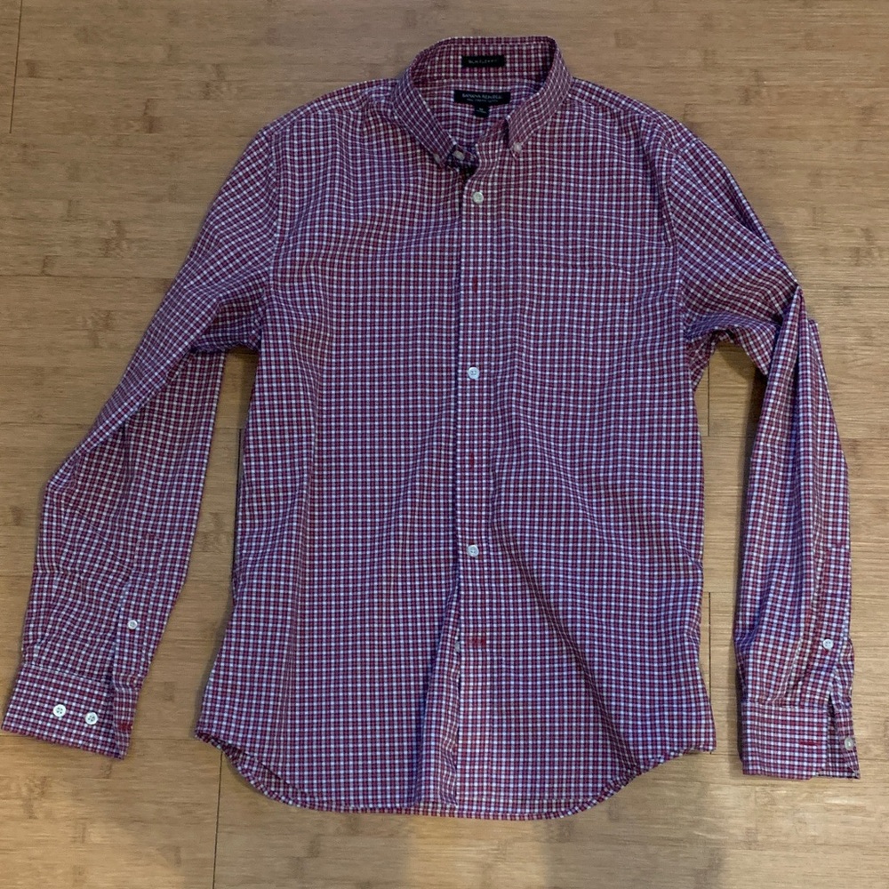 Banana Republic Men's Red and White Plaid Shirt